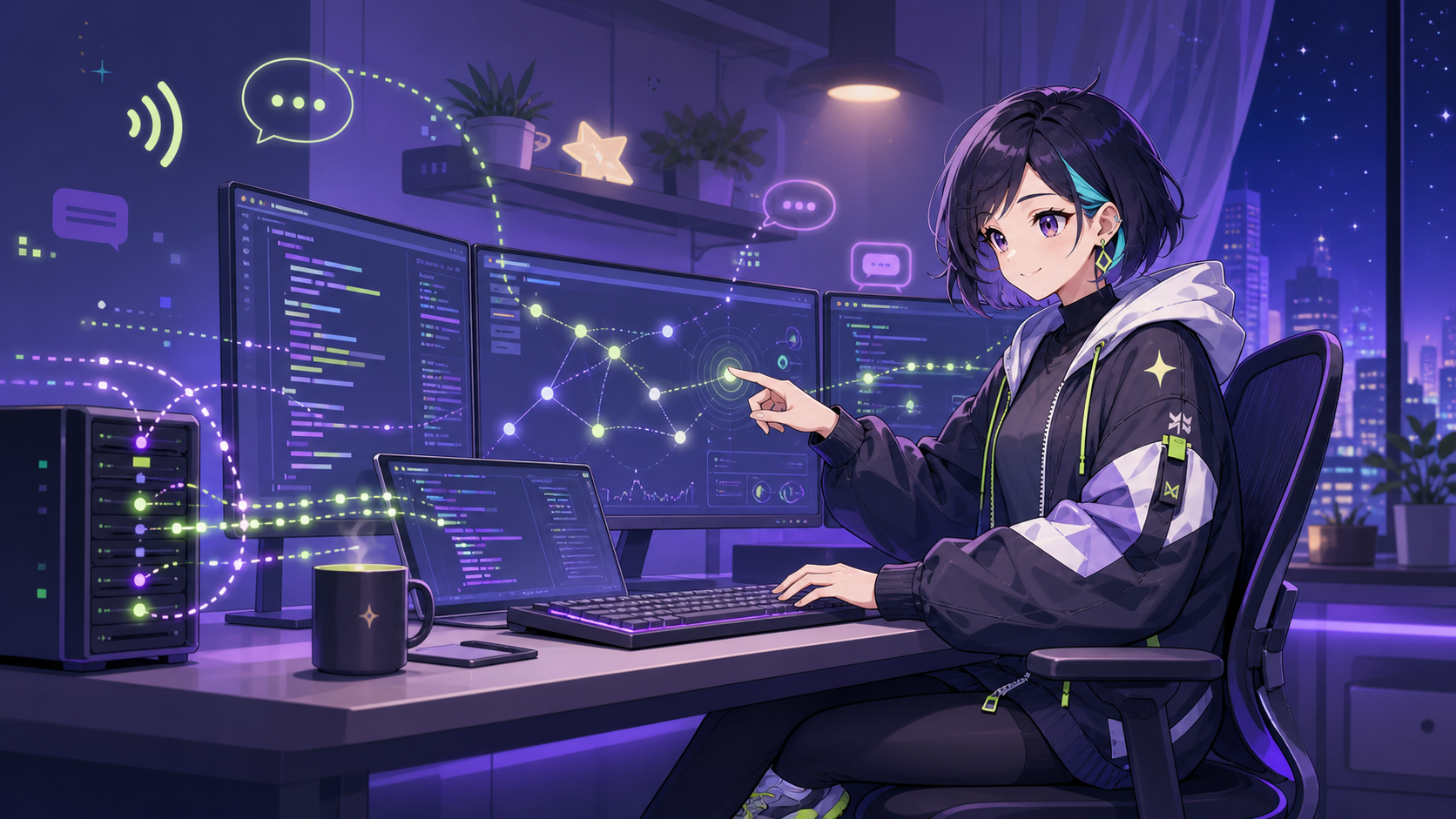 原创动漫角色在夜间工作室调试通讯系统